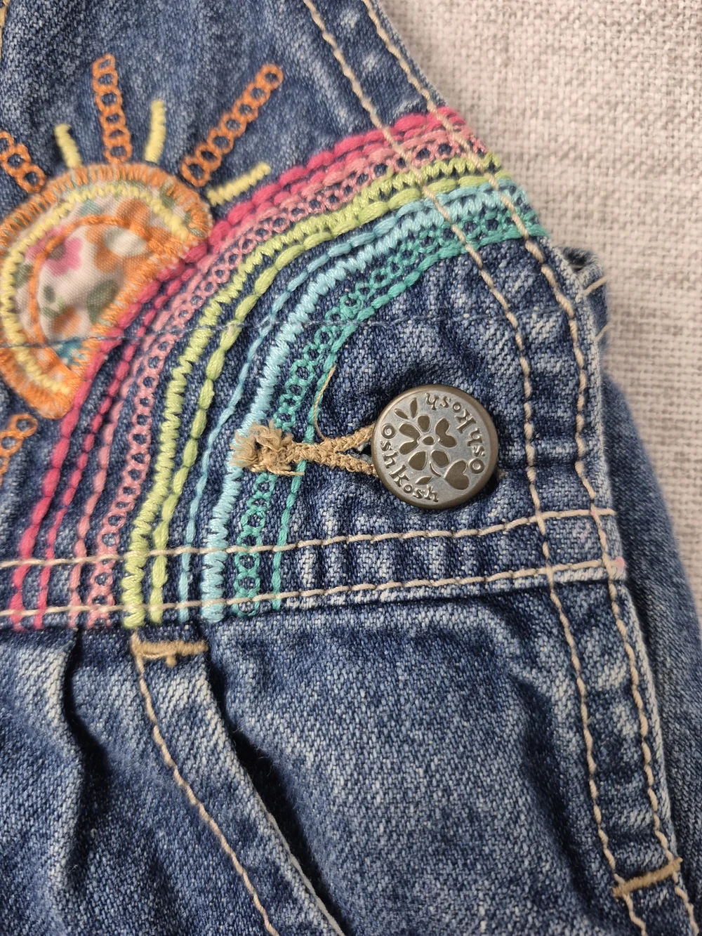 OshKosh B'Gosh Denim Overall Dress Butterfly Rainbow Embroidered 18M